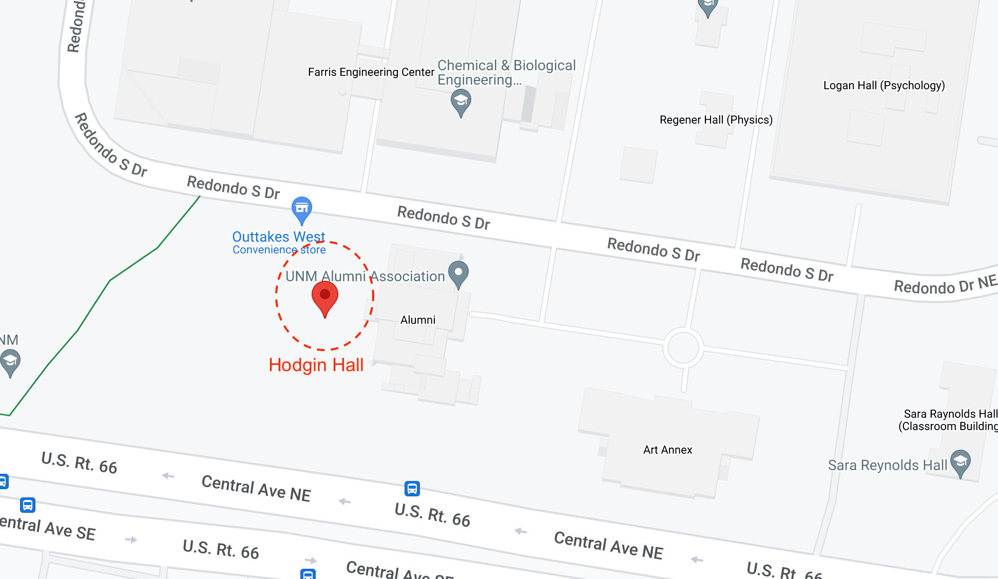 A map with the location of Hodgin Hall